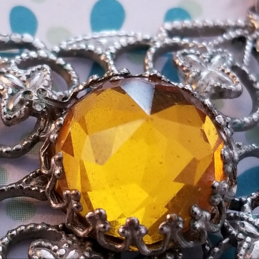 Vintage necklace yellow glass art deco silver tone filigree jewelry - Picture 6 of 12